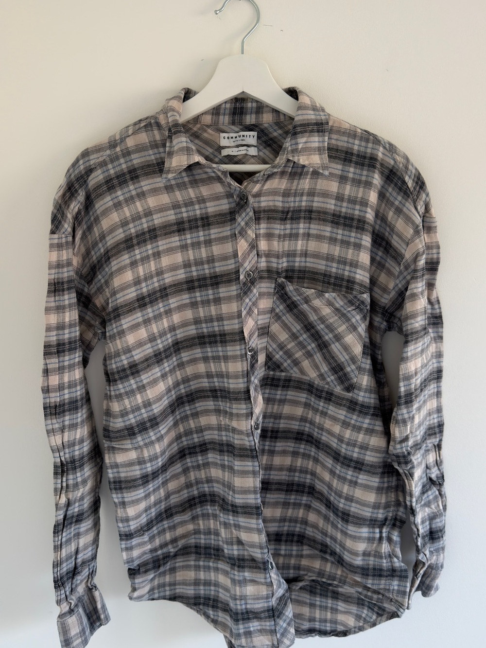 Aritzia community linen blend Oversized Plaid Button-Up Shirt in Gray & Cream